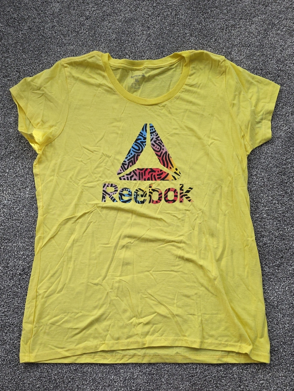 Reebok Yellow Short Sleeve Logo Tee with Multicolor Print
